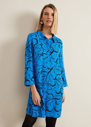 Phase Eight Marina Leaf Print Tunic Dress Blue USA | 9507234-TM